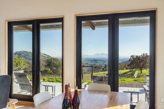 entryway featuring french doors, wood-type flooring, and a mountain view