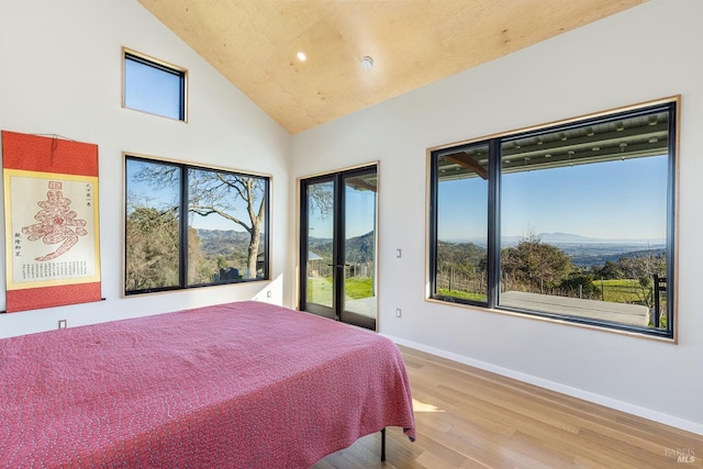 bedroom featuring access to exterior, a mountain view, vaulted ceiling, and light hardwood / wood-style flooring