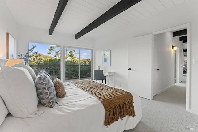 carpeted bedroom with beamed ceiling and wooden ceiling