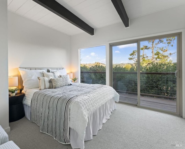 carpeted bedroom with access to outside and lofted ceiling with beams