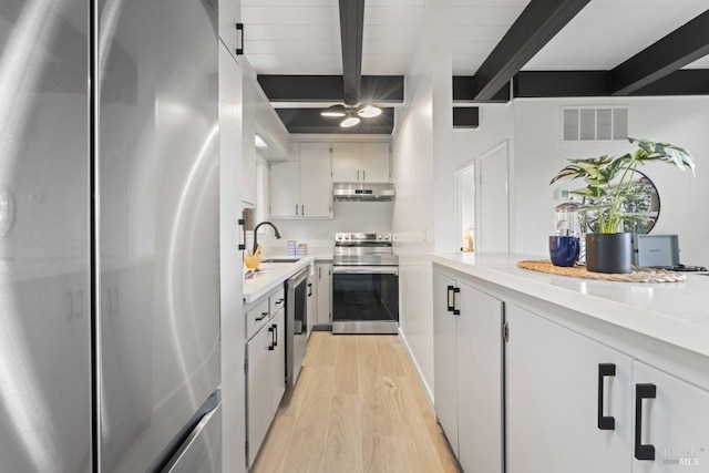 kitchen featuring sink, white cabinetry, beam ceiling, stainless steel appliances, and light wood-type flooring