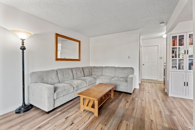 living room with a textured ceiling and light hardwood / wood-style flooring