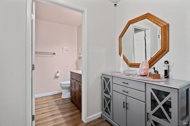 bathroom with vanity, toilet, and wood-type flooring