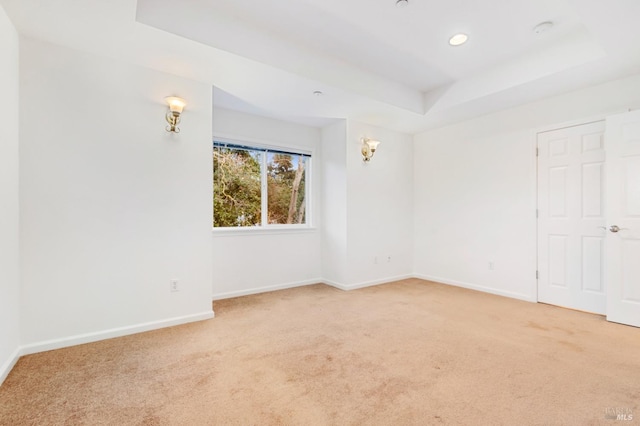 empty room featuring a raised ceiling and carpet floors