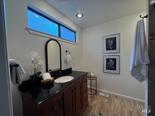 bathroom featuring vanity and hardwood / wood-style floors