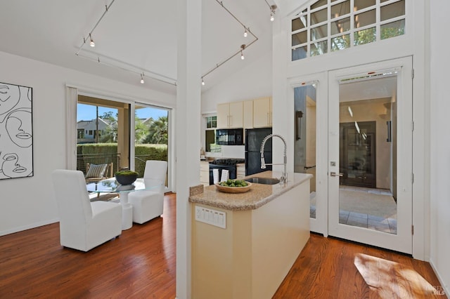 kitchen with french doors, a towering ceiling, sink, and black appliances