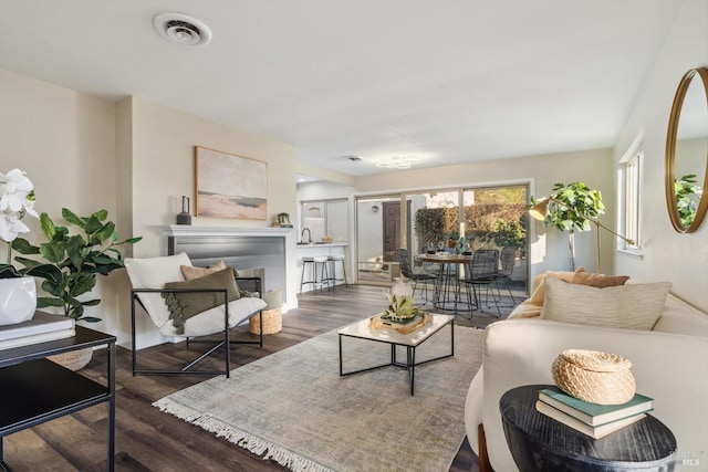 living room featuring dark wood-type flooring