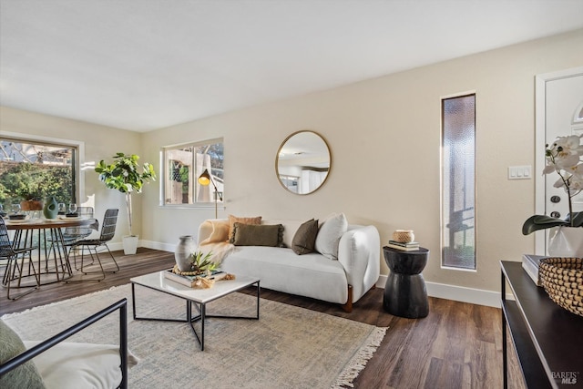 living room with dark hardwood / wood-style flooring