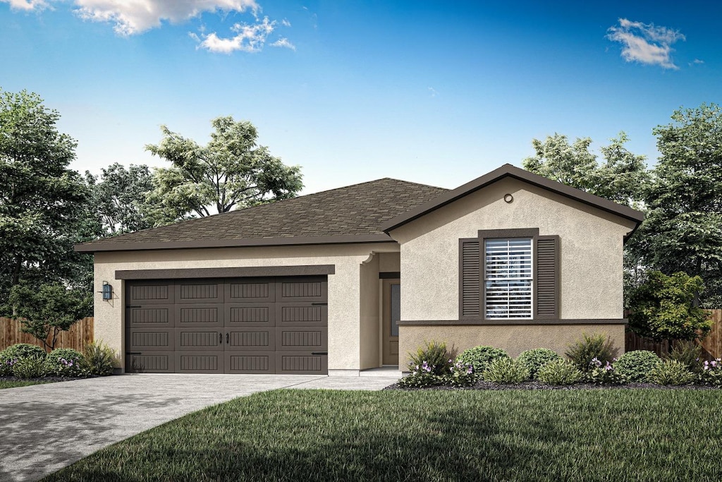 ranch-style house with a front lawn, concrete driveway, fence, and an attached garage