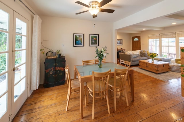 dining area featuring ceiling fan, light hardwood / wood-style floors, and french doors