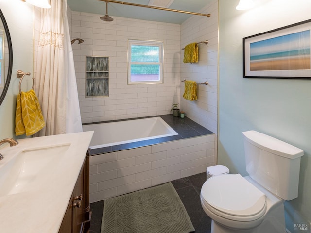 full bathroom featuring vanity, tile patterned floors, toilet, and shower / tub combo with curtain