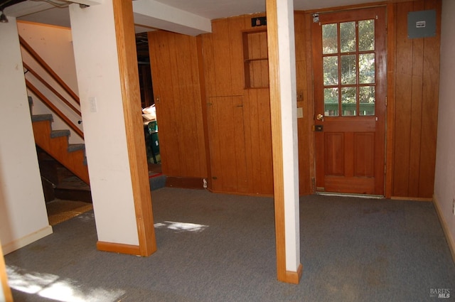 basement featuring dark colored carpet and wood walls