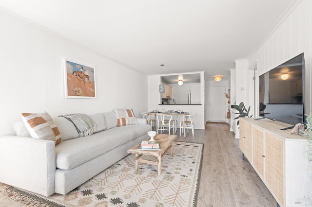 living room featuring ornamental molding and light hardwood / wood-style flooring