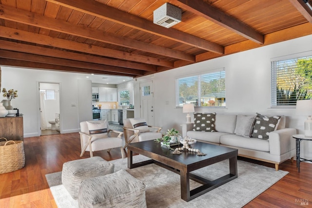 living room featuring wood ceiling, plenty of natural light, beam ceiling, and hardwood / wood-style floors