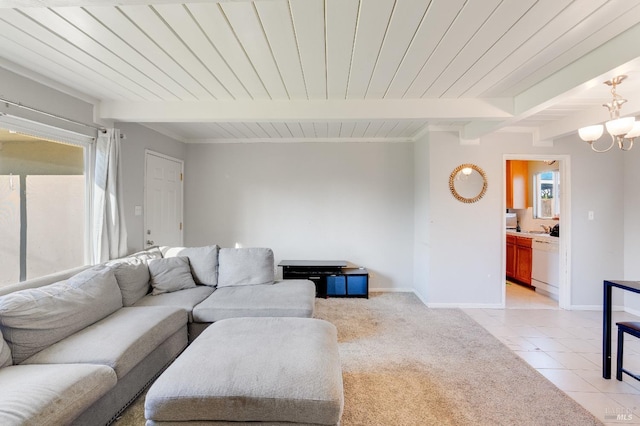 living room with beamed ceiling, light tile patterned flooring, wood ceiling, and a chandelier