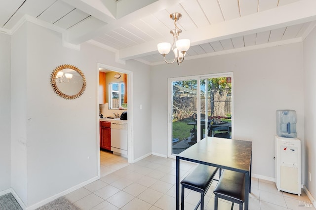 tiled dining room featuring beamed ceiling and a notable chandelier