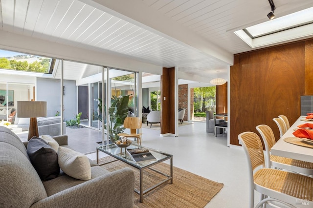 living area with a skylight, beam ceiling, and track lighting