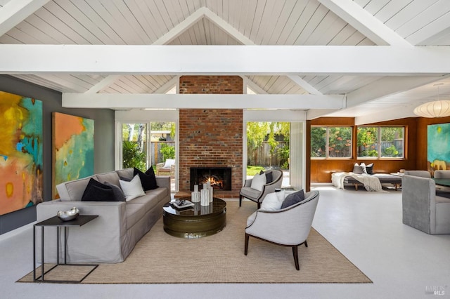 living room featuring lofted ceiling with beams, a brick fireplace, and wooden ceiling