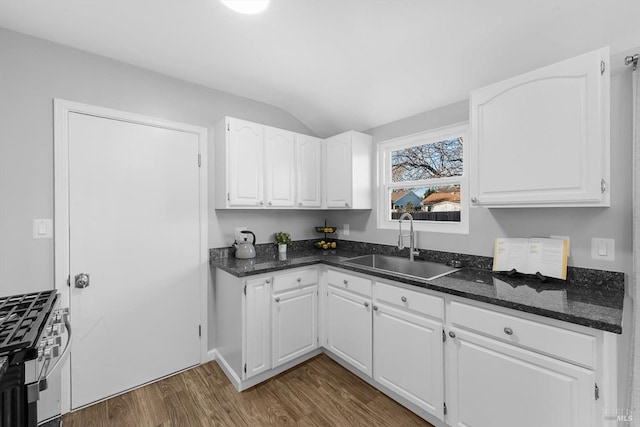 kitchen with white cabinetry, sink, and stainless steel gas stove