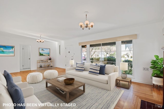 living room with a chandelier