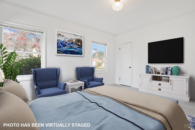 bedroom with carpet floors and ornamental molding