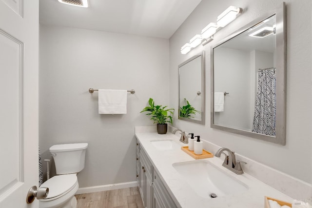 bathroom with vanity, wood-type flooring, and toilet