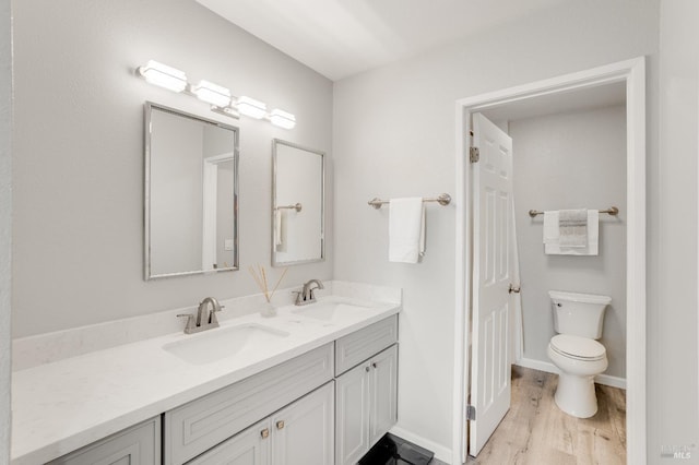 bathroom featuring vanity, wood-type flooring, and toilet