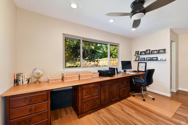 office featuring ceiling fan and light wood-type flooring