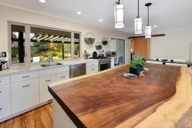 kitchen featuring pendant lighting, white cabinetry, sink, stainless steel appliances, and a barn door