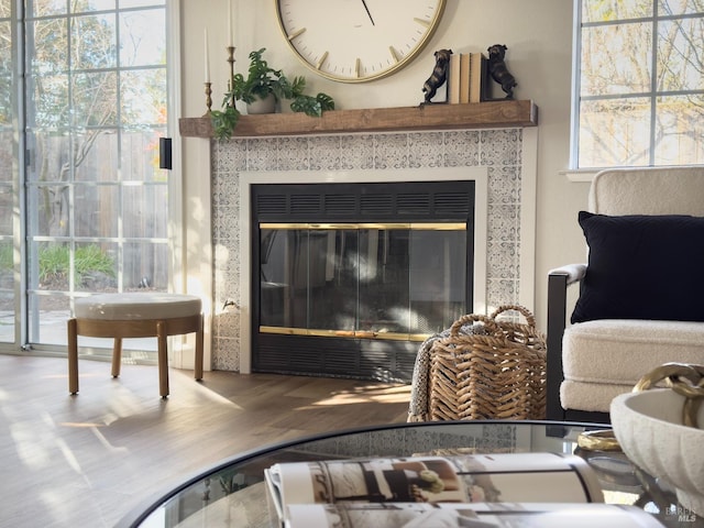 room details featuring a tile fireplace and hardwood / wood-style floors