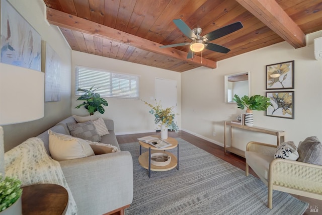 living room featuring ceiling fan, baseboards, beam ceiling, wooden ceiling, and wood finished floors