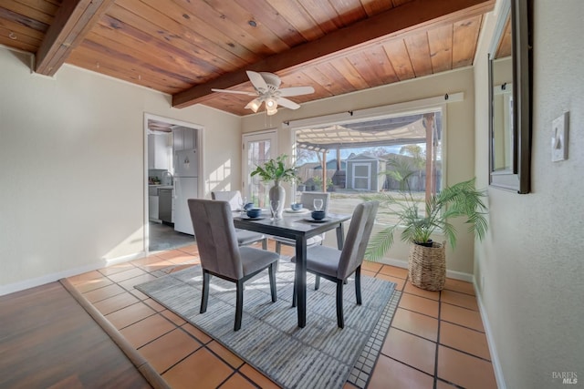 dining space with light tile patterned floors, beamed ceiling, and wooden ceiling