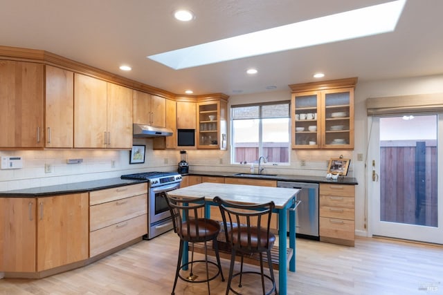 kitchen with a skylight, dark countertops, appliances with stainless steel finishes, under cabinet range hood, and a sink