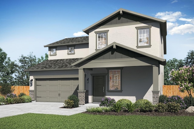 view of front of property featuring stone siding, a shingled roof, driveway, and fence