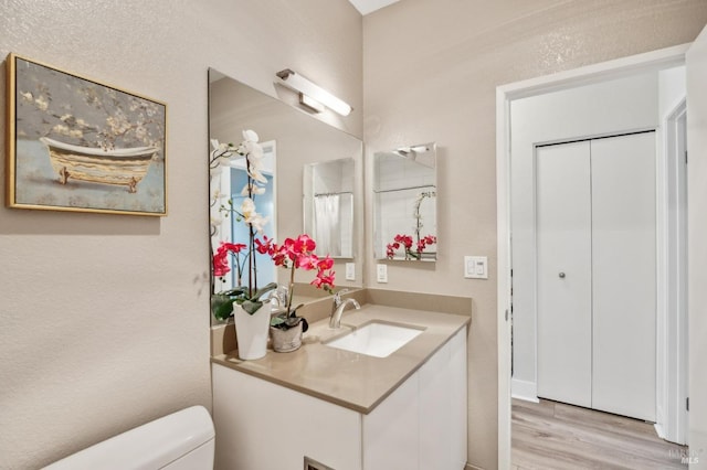 bathroom with hardwood / wood-style flooring, vanity, and toilet