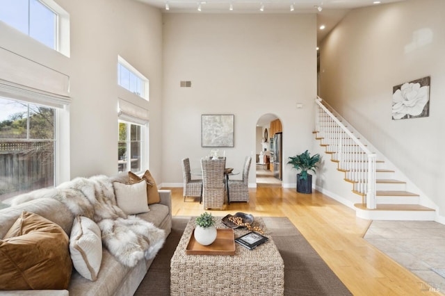 living room with hardwood / wood-style flooring and a high ceiling