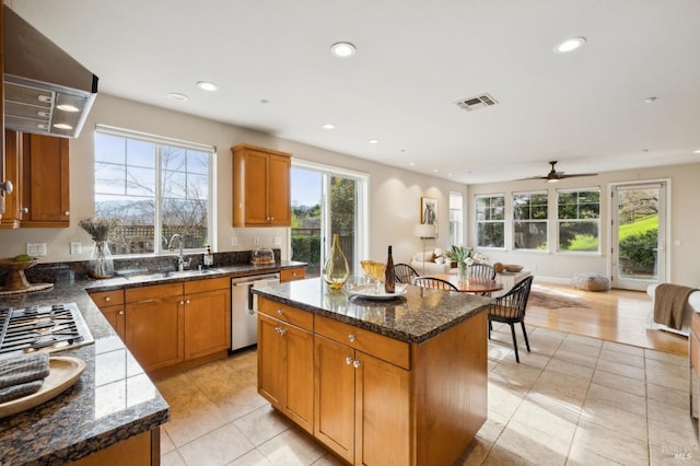 kitchen featuring ventilation hood, a kitchen island, sink, and stainless steel dishwasher