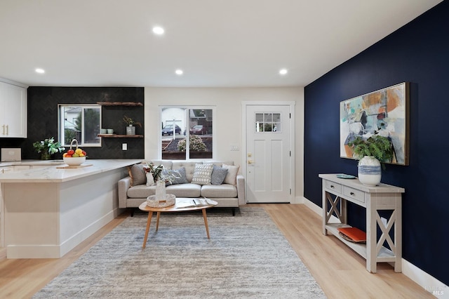 living room featuring sink and light wood-type flooring