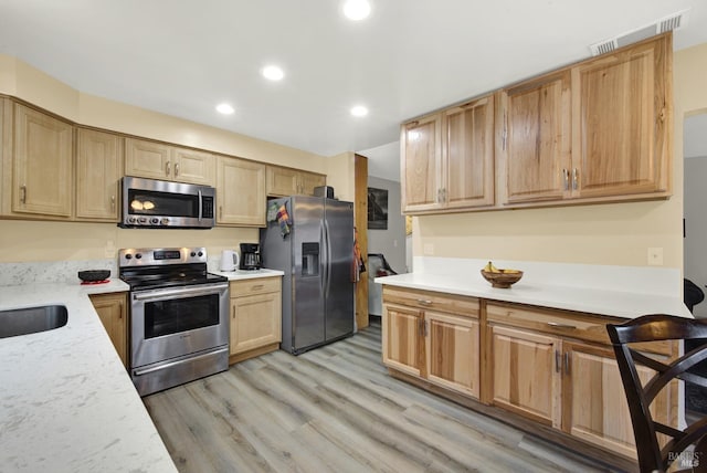 kitchen featuring stainless steel appliances, sink, and light hardwood / wood-style floors