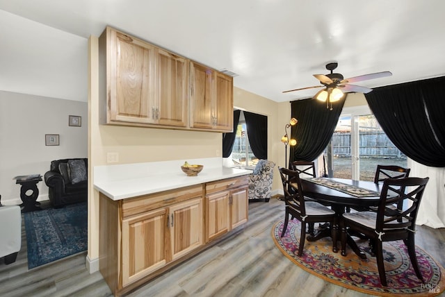 kitchen with ceiling fan and light hardwood / wood-style floors