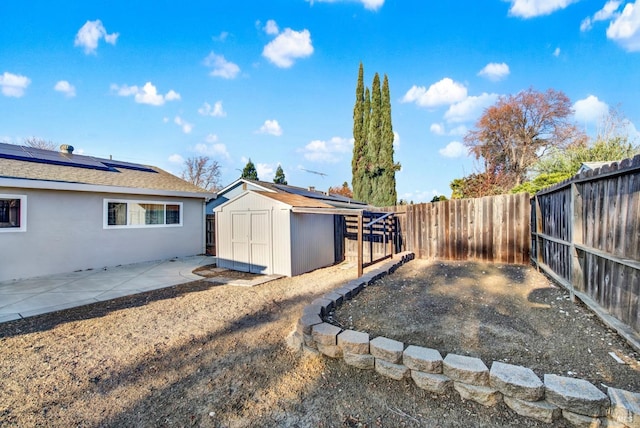 view of yard featuring a patio area and a storage unit