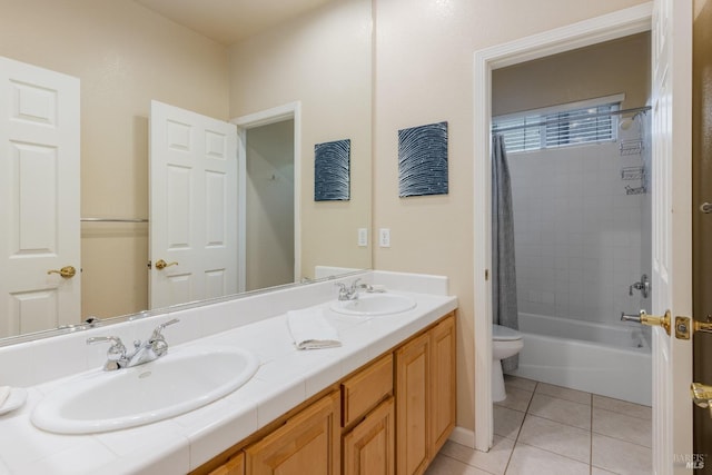 full bathroom with shower / bath combination with curtain, vanity, tile patterned floors, and toilet