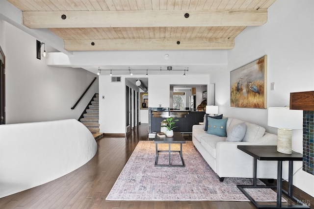 living room with beamed ceiling, wooden ceiling, and dark hardwood / wood-style flooring