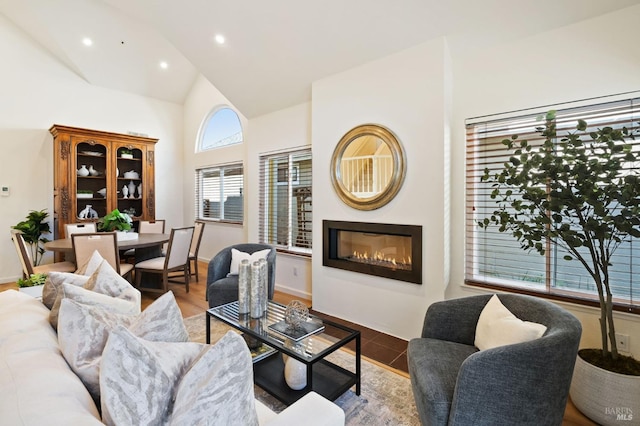 living room with high vaulted ceiling