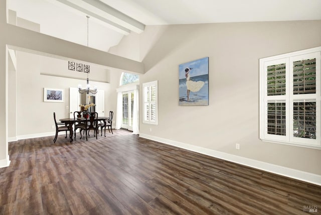 dining room featuring beamed ceiling, dark hardwood / wood-style flooring, a chandelier, and high vaulted ceiling