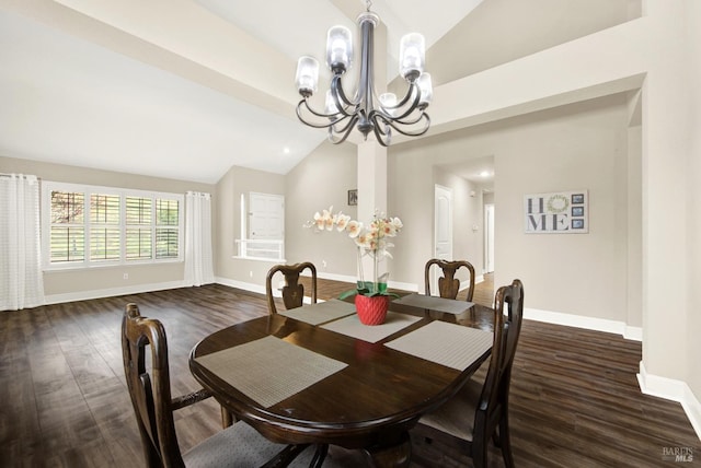 dining area with lofted ceiling, dark wood-type flooring, and an inviting chandelier