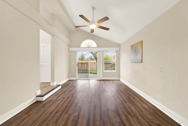 interior space with dark wood-type flooring, high vaulted ceiling, and ceiling fan