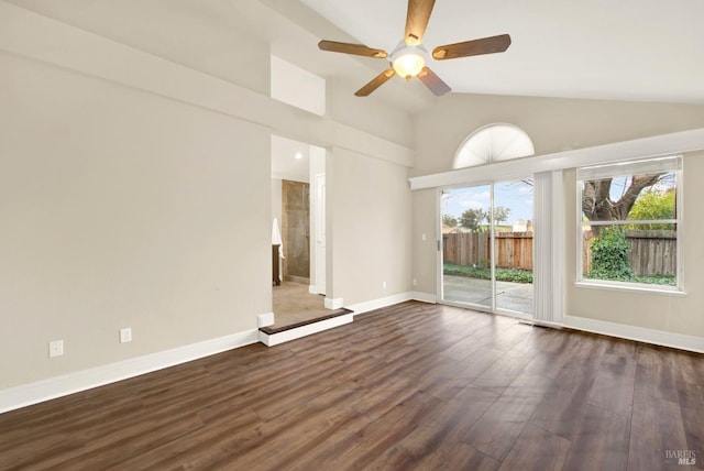 unfurnished room featuring high vaulted ceiling, dark wood-type flooring, and ceiling fan