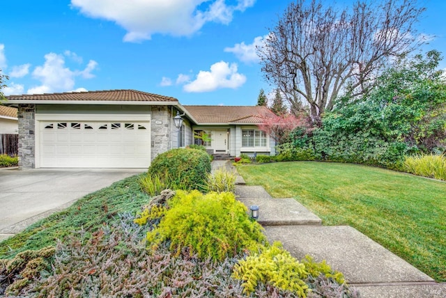 single story home with a garage and a front lawn