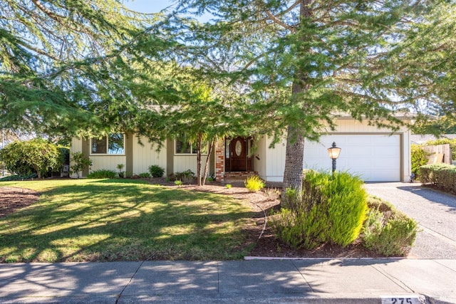 view of property hidden behind natural elements featuring a garage and a front lawn